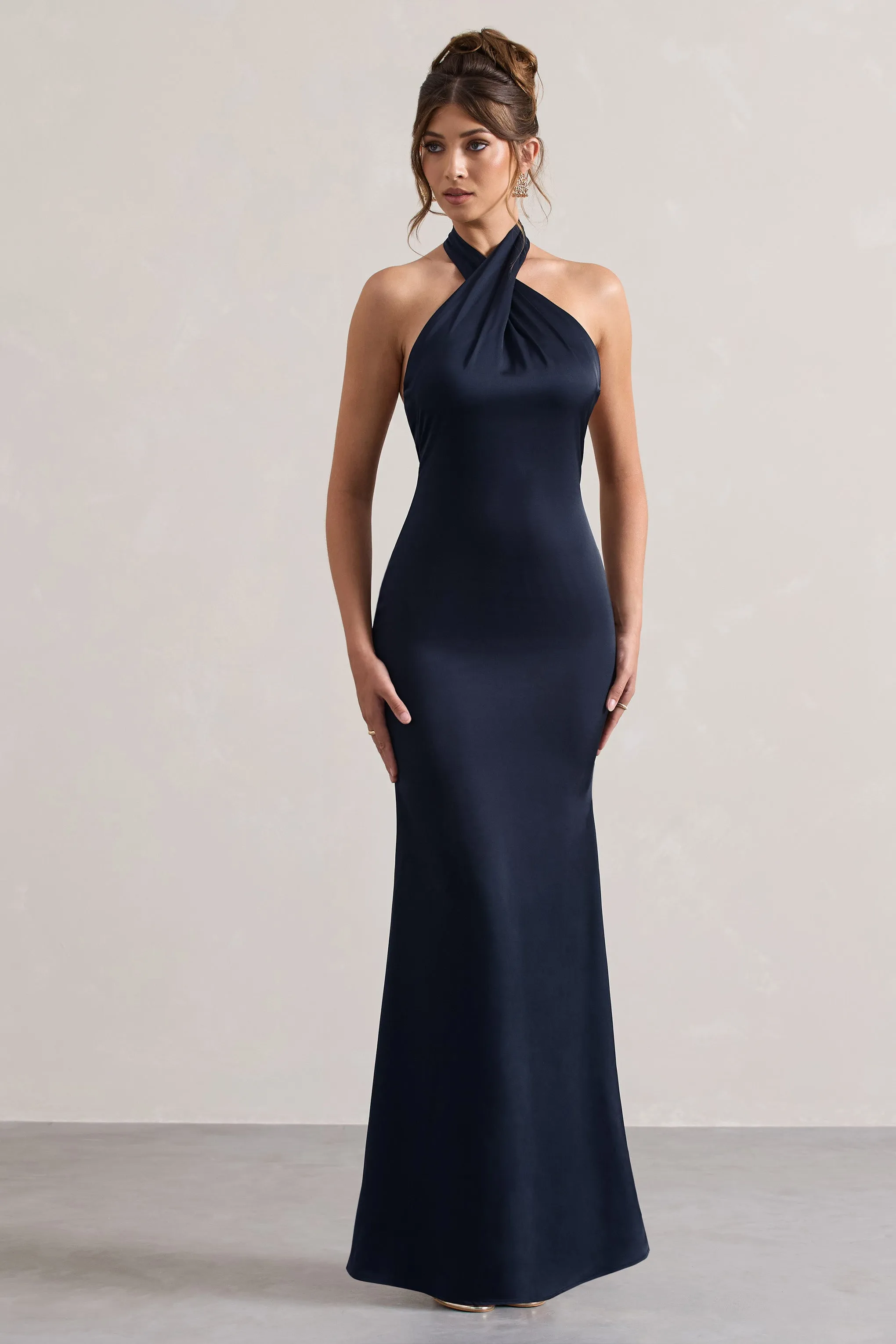 Unbeatable | Navy Satin Cross Over Halterneck Maxi Dress