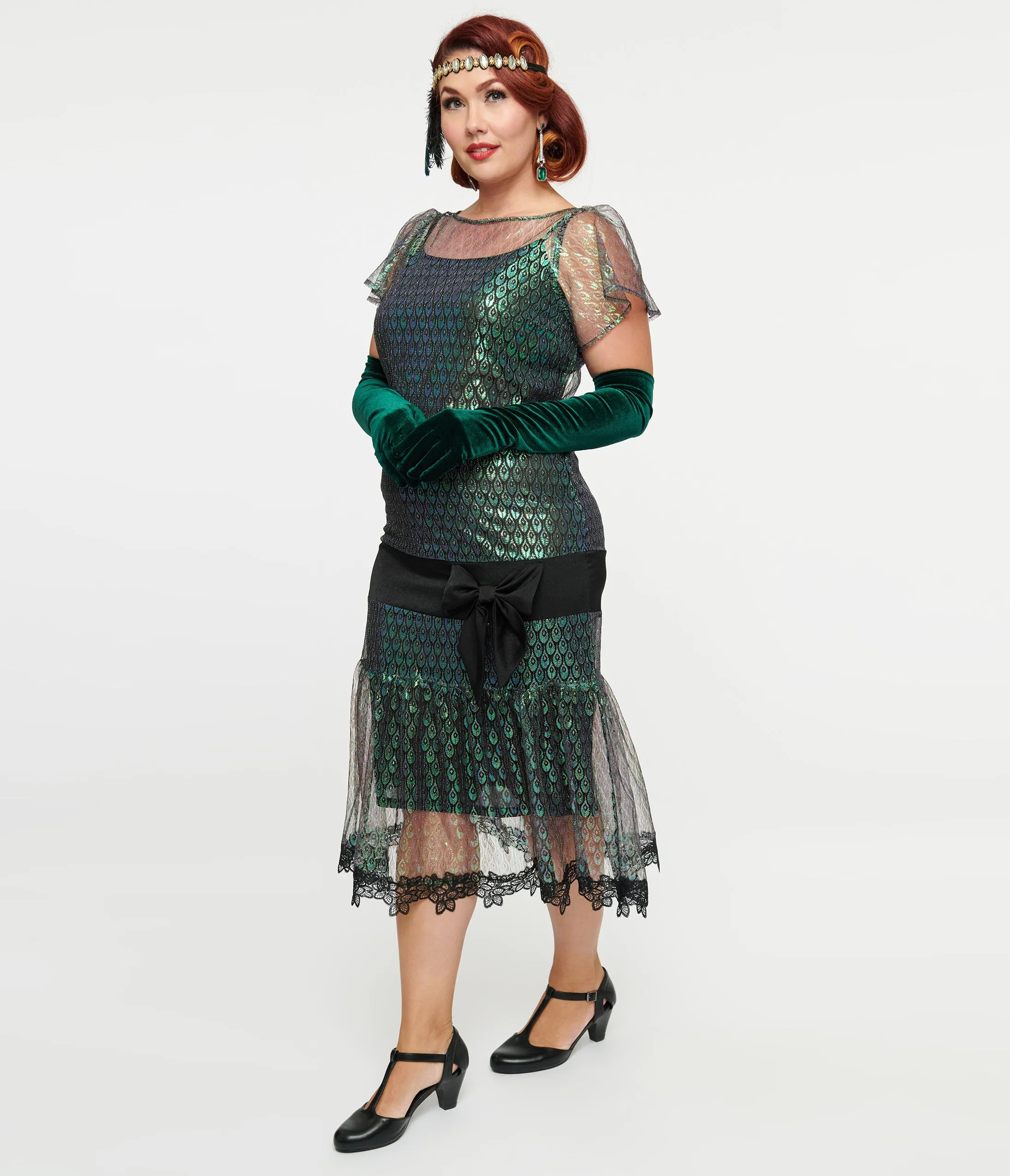 Unique Vintage 1920s Iridescent Peacock & Black Bow Flapper Dress