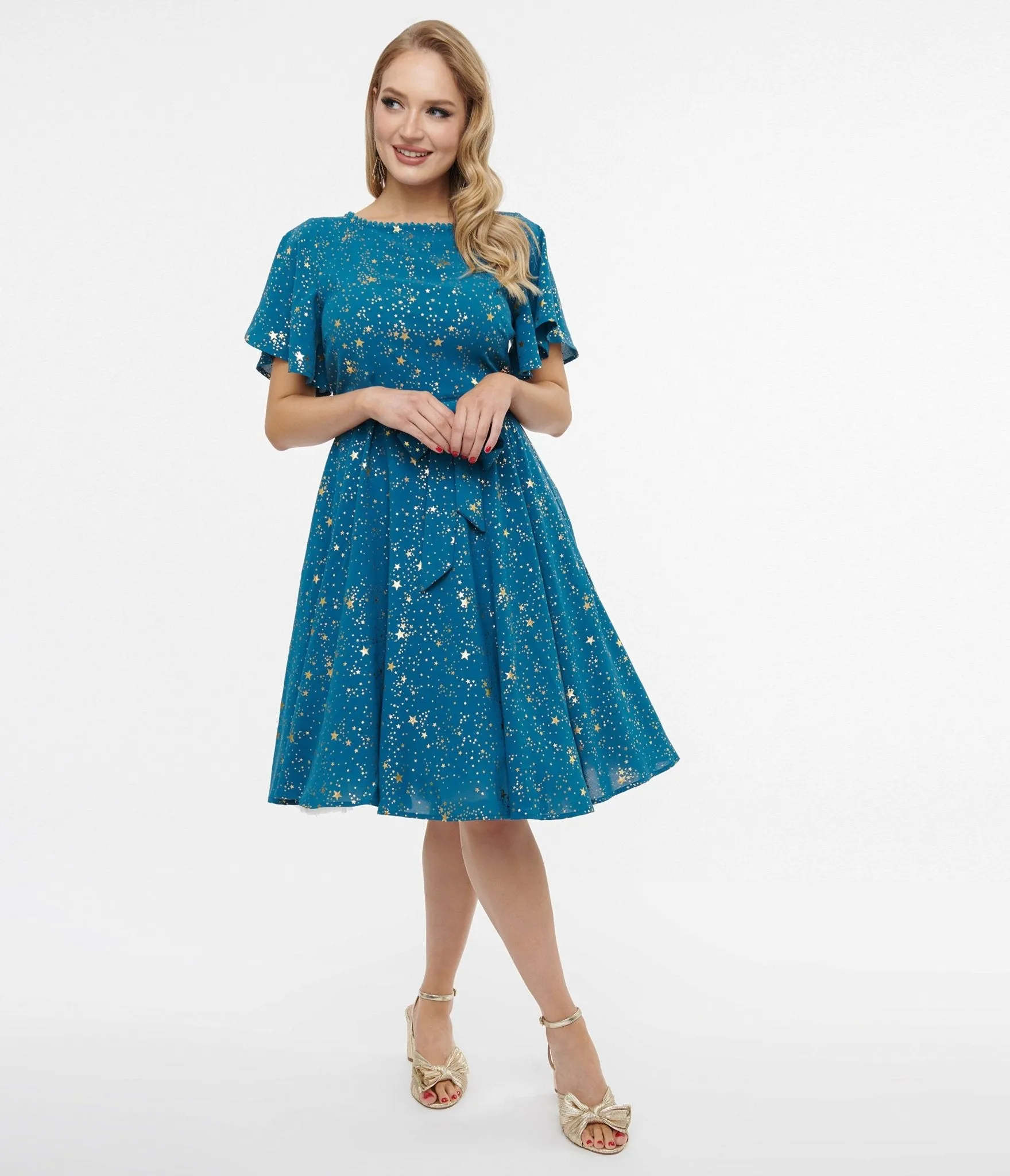 Unique Vintage 1930s Teal & Gold Star Swing Dress