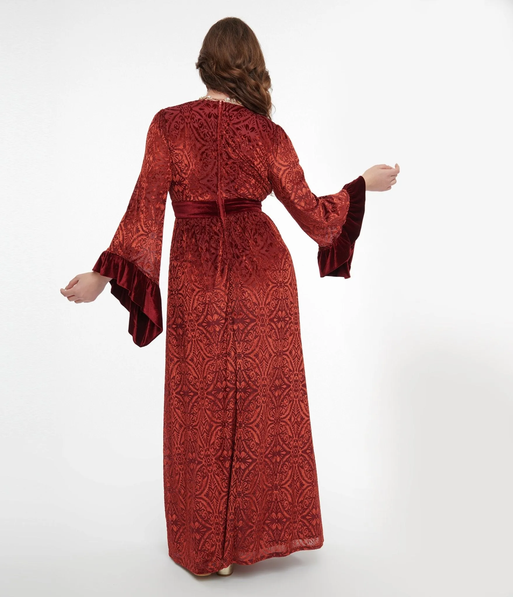 Unique Vintage 1970s Burgundy Velvet Burnout Maxi Dress