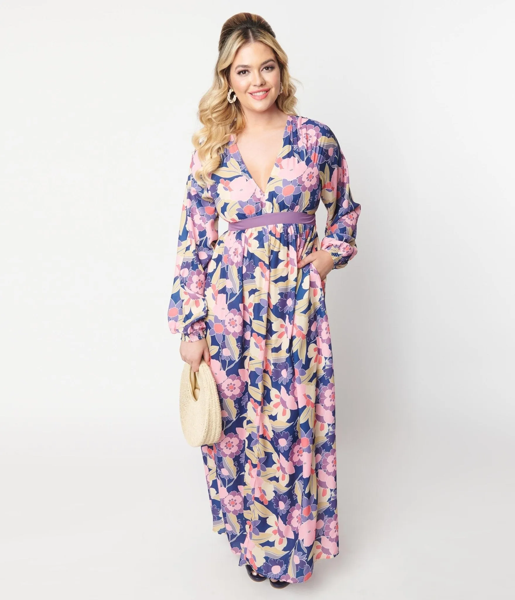 Unique Vintage 1970s Navy & Purple Floral Print Buttercup Maxi Dress