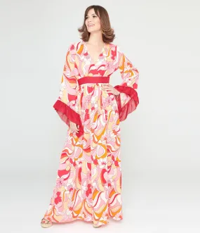 Unique Vintage 1970s Pink & Red Psychedelic Floral Maxi Dress