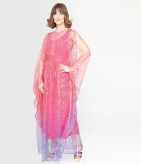 Unique Vintage 1970s Sheer Pink & Purple Ombre Sequin Flutter Sleeve Caftan