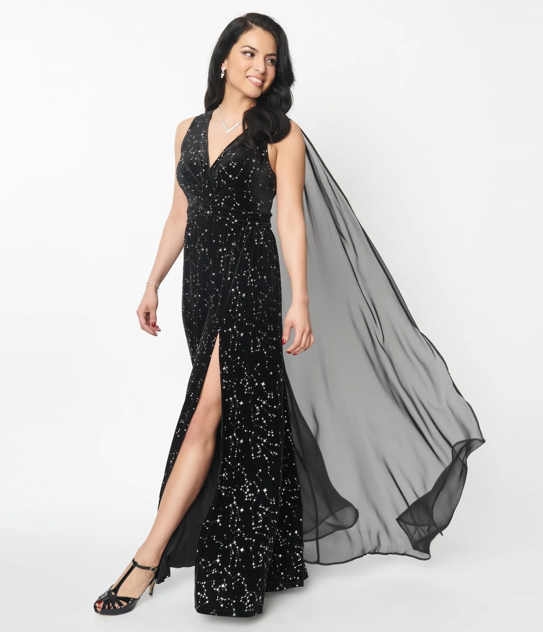 Unique Vintage Black Velvet Constellation Cape Gown