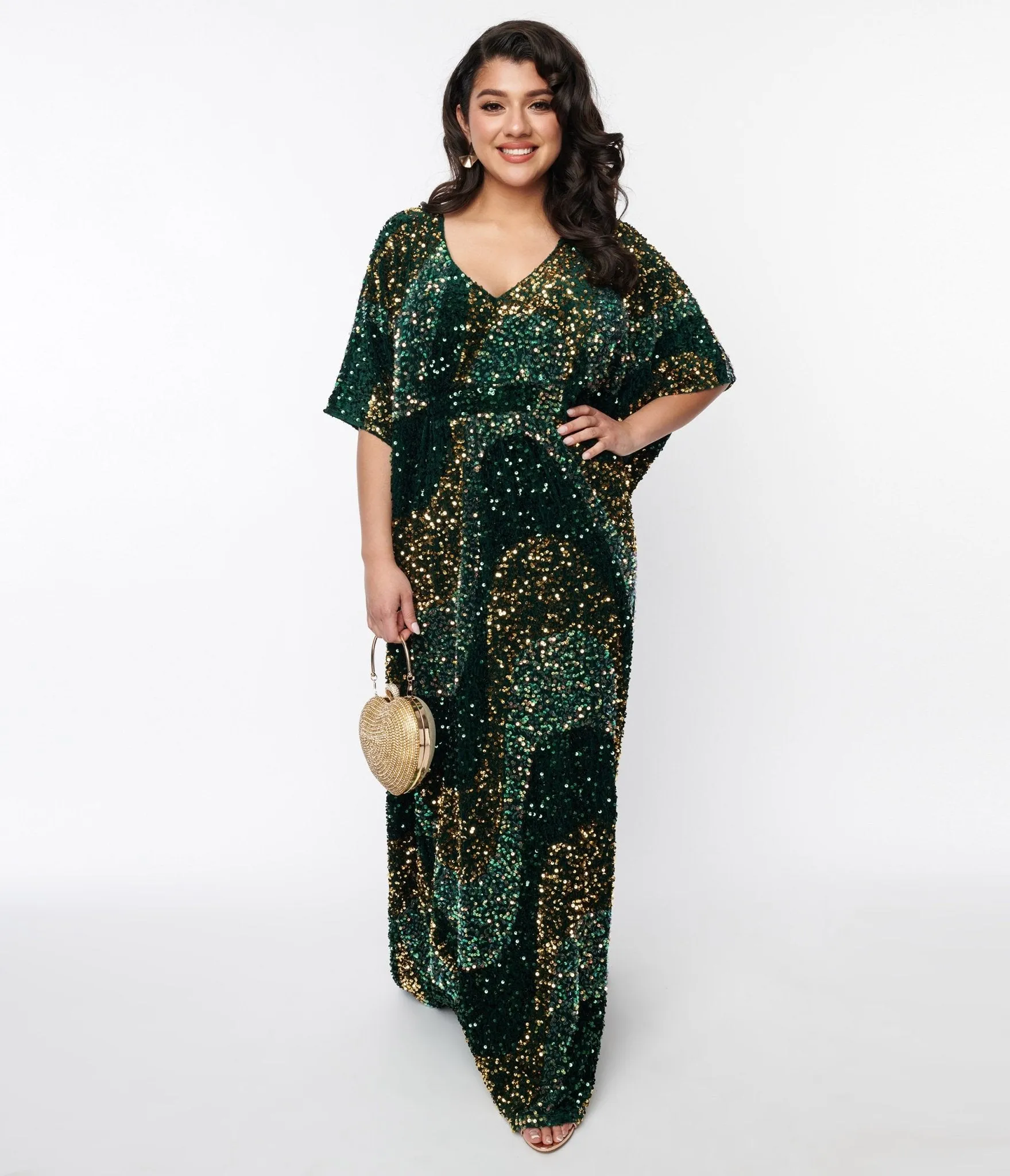 Unique Vintage Emerald & Gold Sequin Burton Caftan Dress