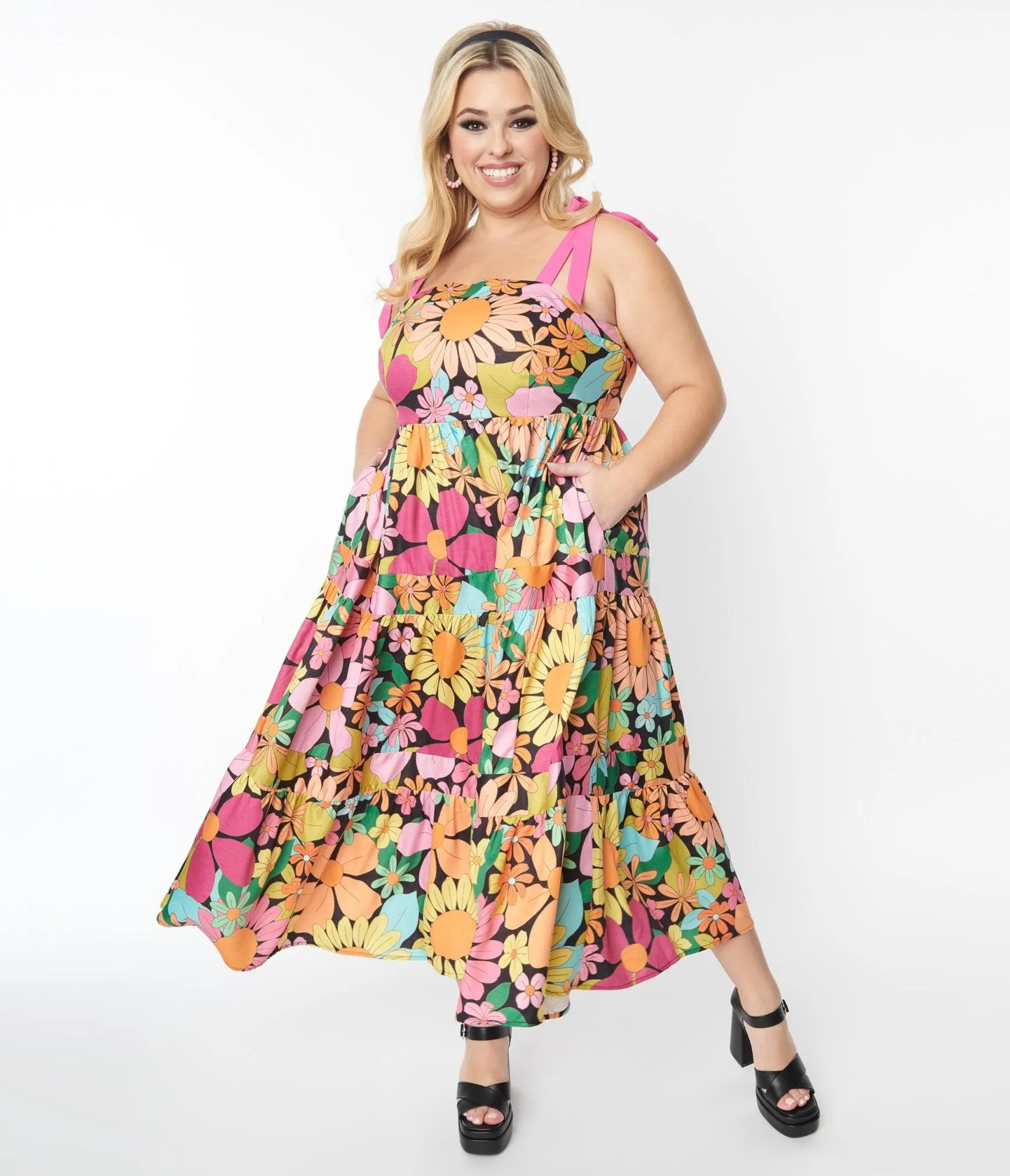 Unique Vintage Pink Floral Tiered Midi Dress