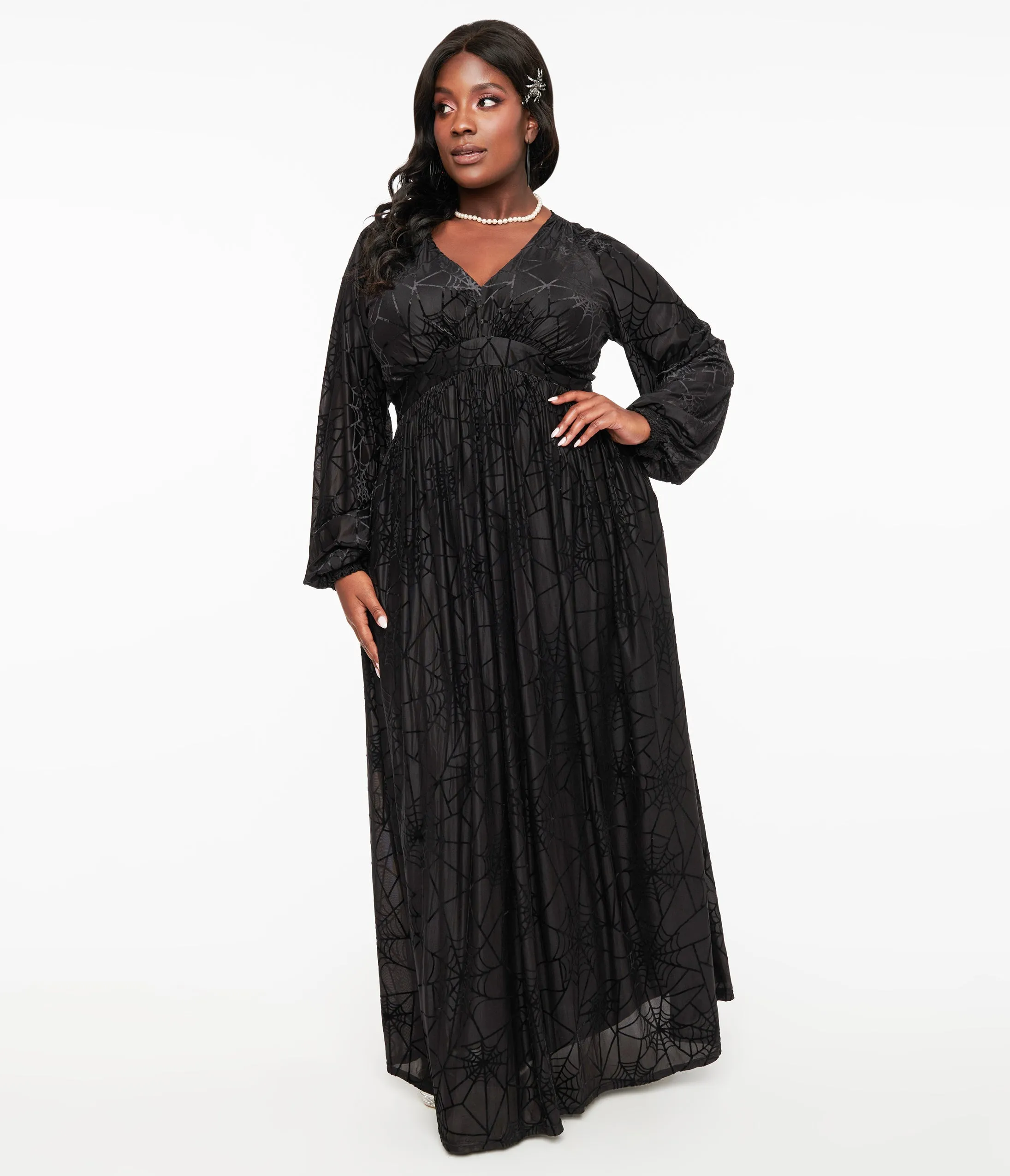 Unique Vintage Plus Size 1970s Black Spiderweb Maxi Dress