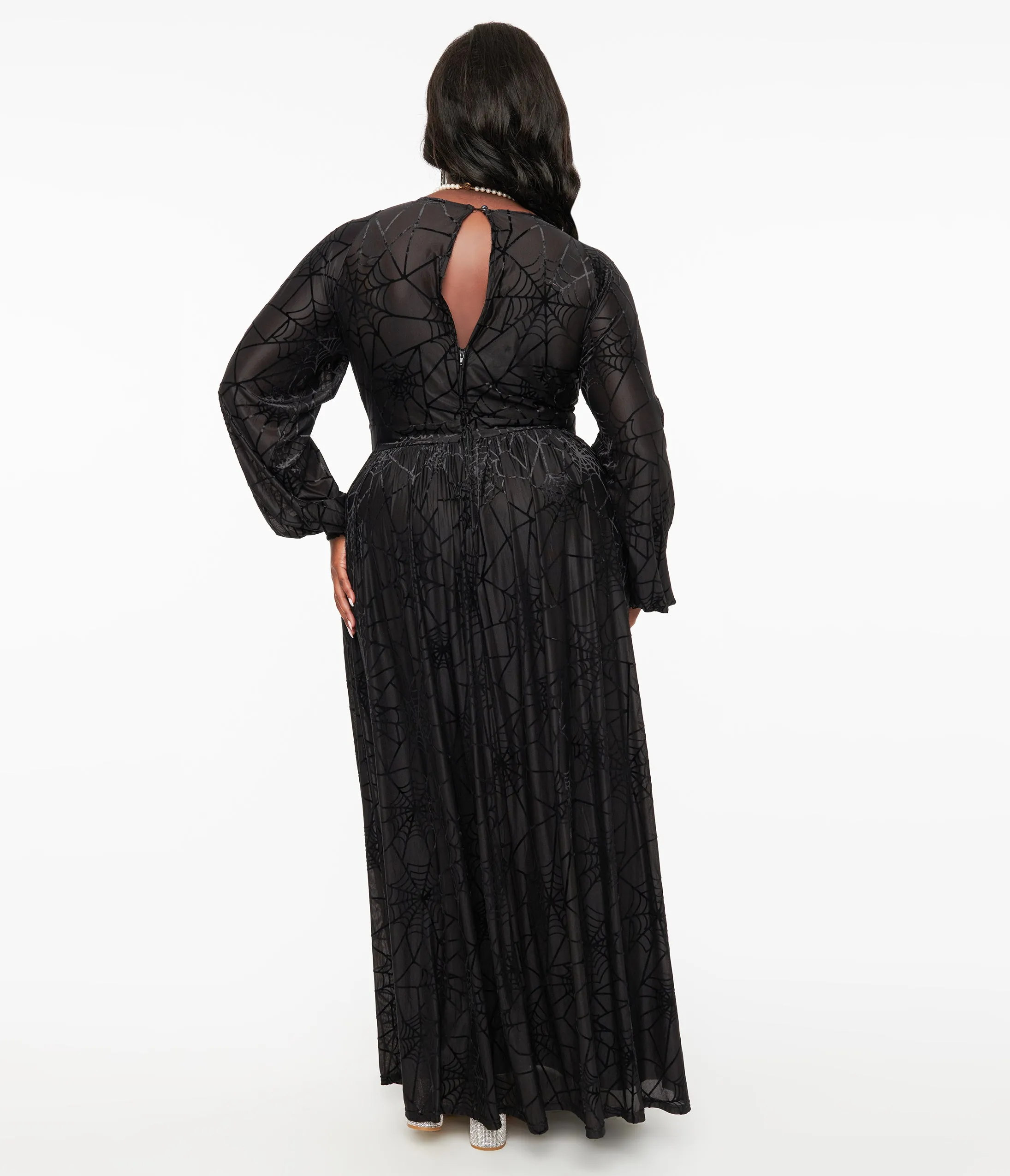 Unique Vintage Plus Size 1970s Black Spiderweb Maxi Dress