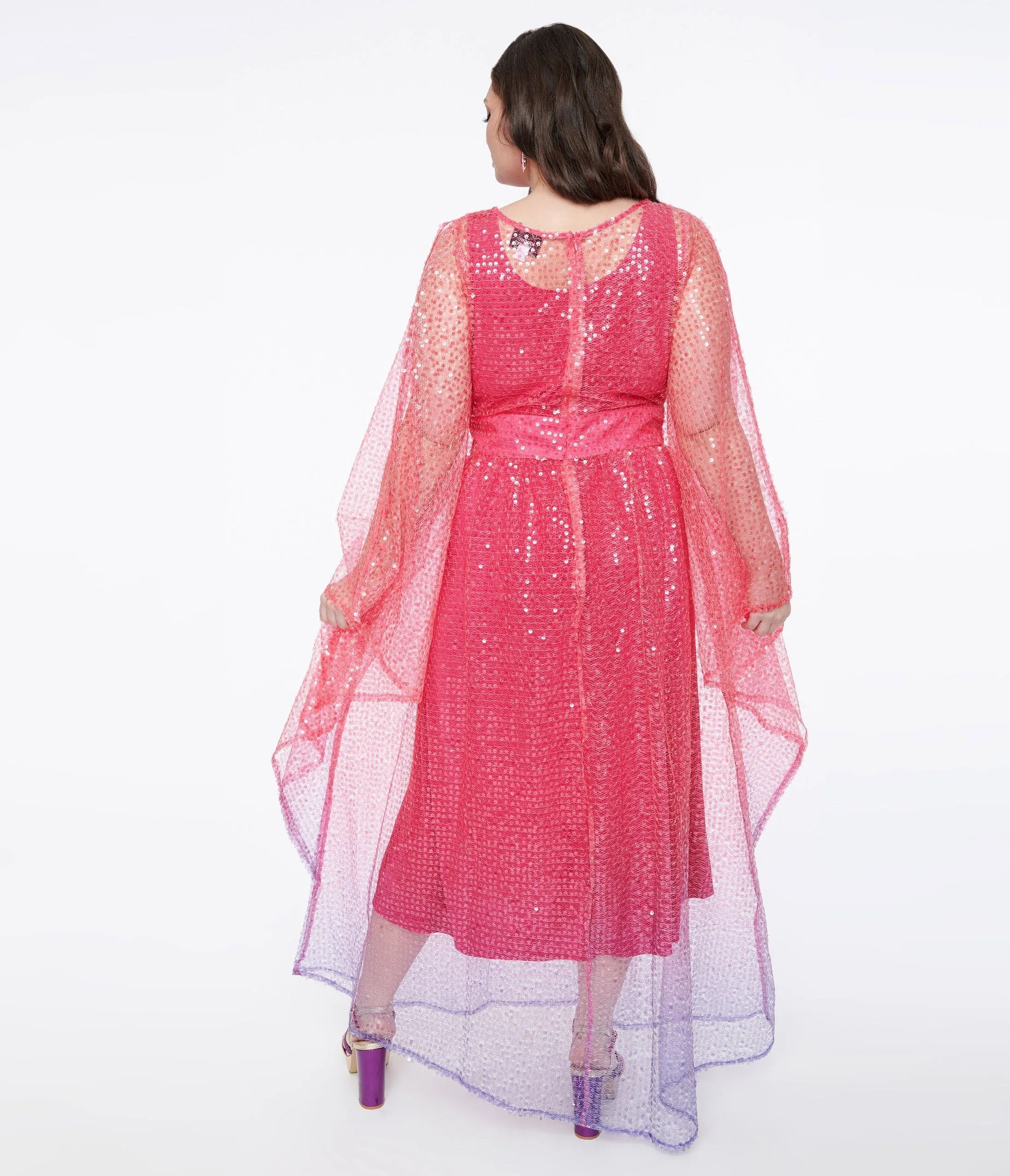 Unique Vintage Plus Size 1970s Sheer Pink & Purple Ombre Sequin Flutter Sleeve Caftan