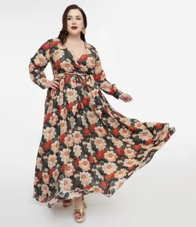 Unique Vintage Plus Size 1970s White & Red Floral Farrah Maxi Dress