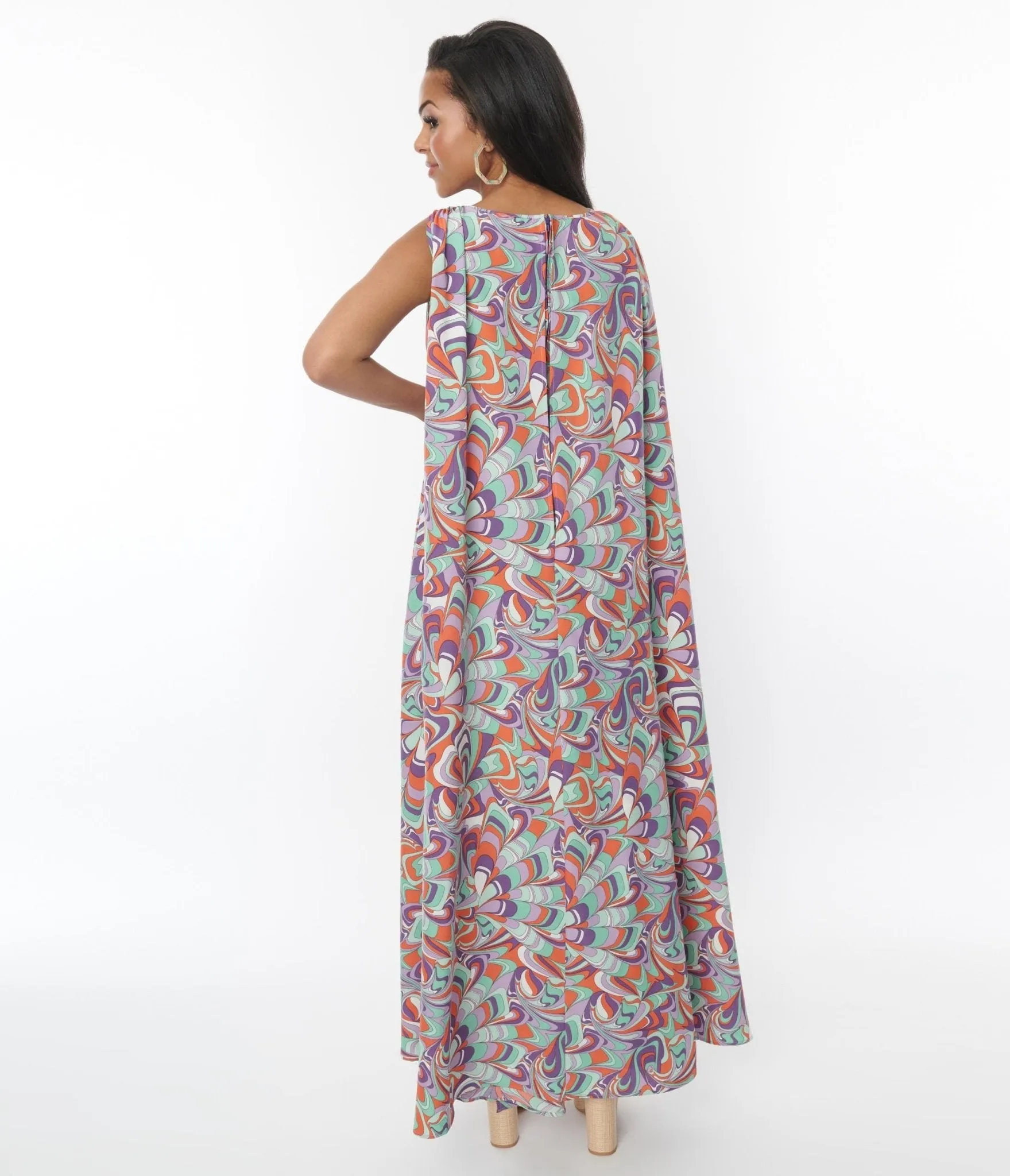 Unique Vintage Purple & Mint Psychedelic Wave Print Cape Maxi Dress