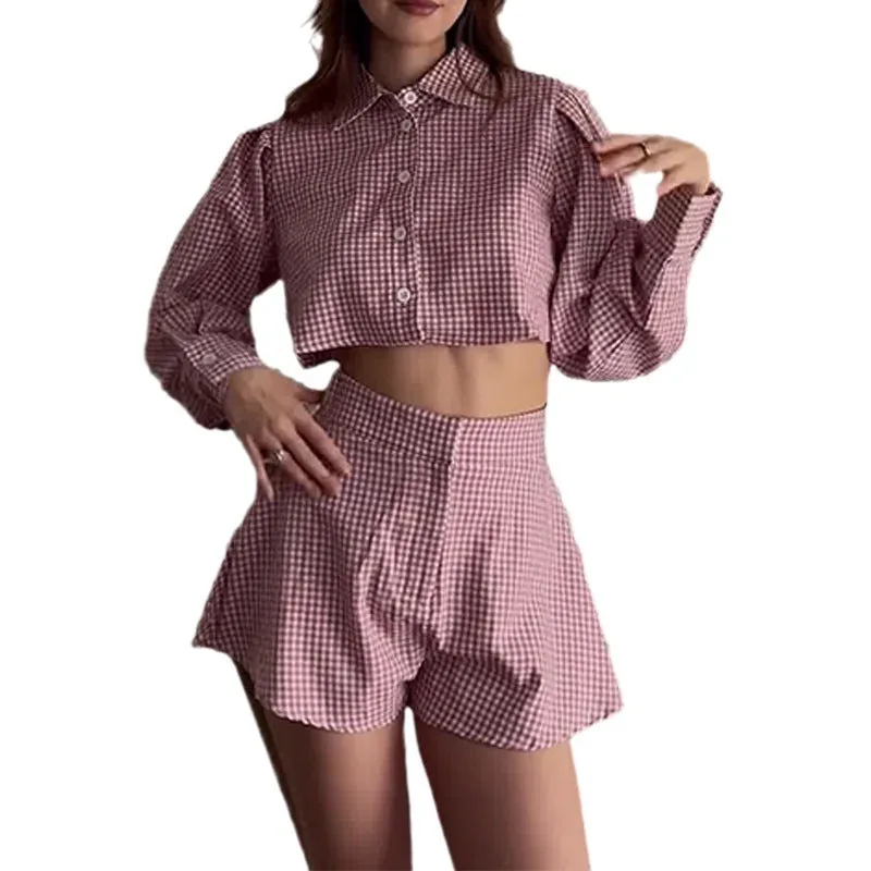 Uniwim combo dress Striped Plaid Belly-Exposed Shirt Suit Pants Elegant Commuter High Waist Shorts Suit