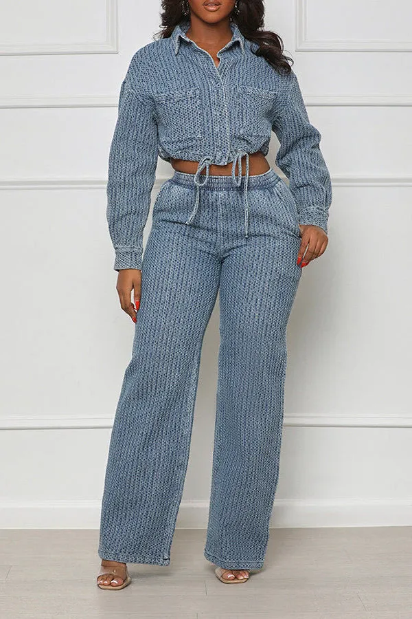 Versatile Drawstring Denim Top & Pants Set