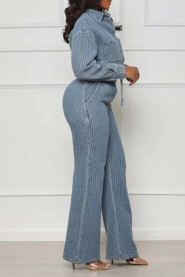 Versatile Drawstring Denim Top & Pants Set