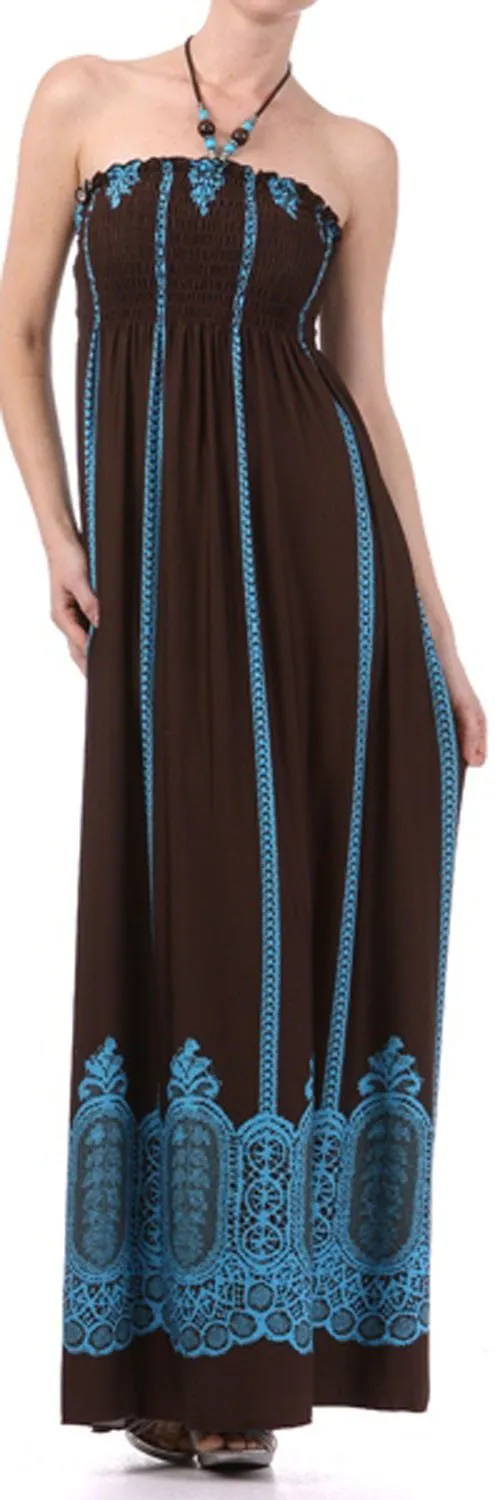 Vertical Stripes Print Beaded Halter Smocked Bodice Long / Maxi Dress