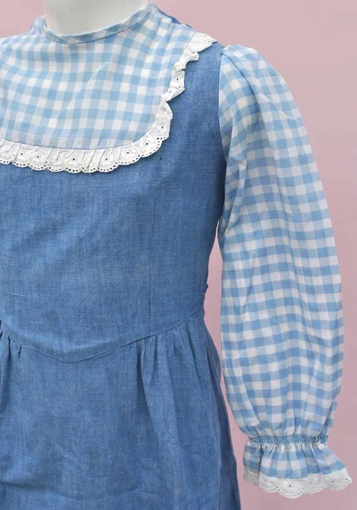 Vintage 70s Girl's Blue Denim Gingham Maxi Dress • 70s Maxi