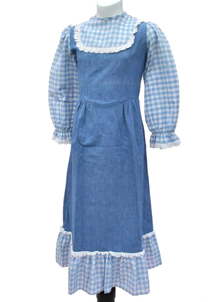 Vintage 70s Girl's Blue Denim Gingham Maxi Dress • 70s Maxi