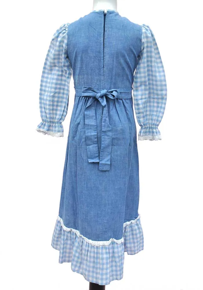 Vintage 70s Girl's Blue Denim Gingham Maxi Dress • 70s Maxi