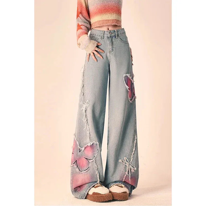 Vintage Embroidery Wide Leg Denim Pants