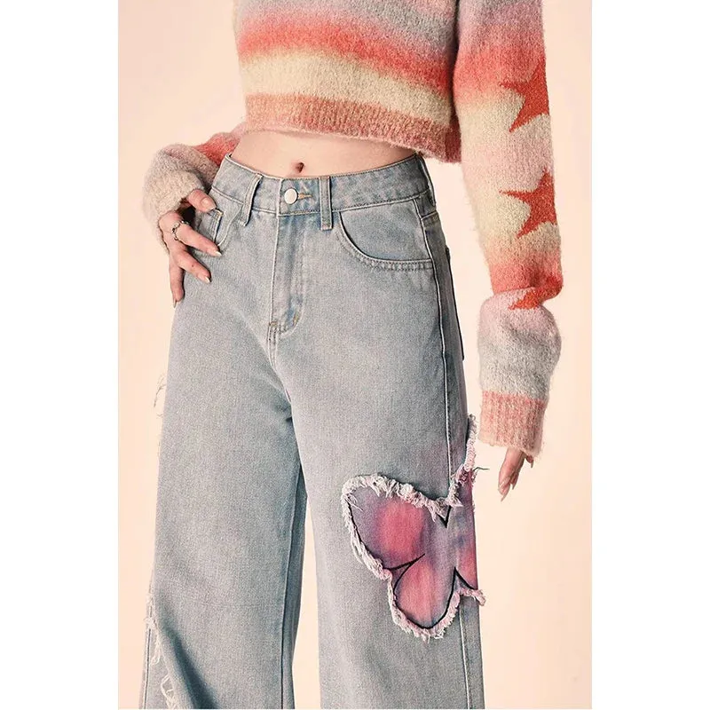 Vintage Embroidery Wide Leg Denim Pants