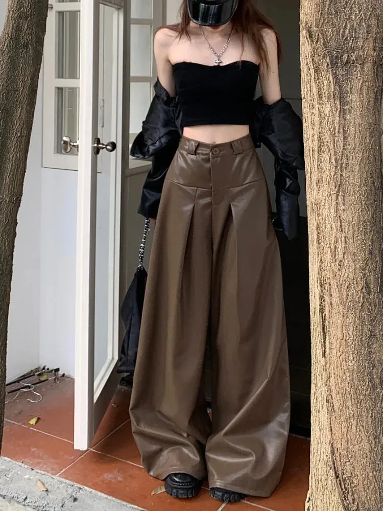 Vintage Wide Leg Leather Pants High Waist Pants Women Loose Pants