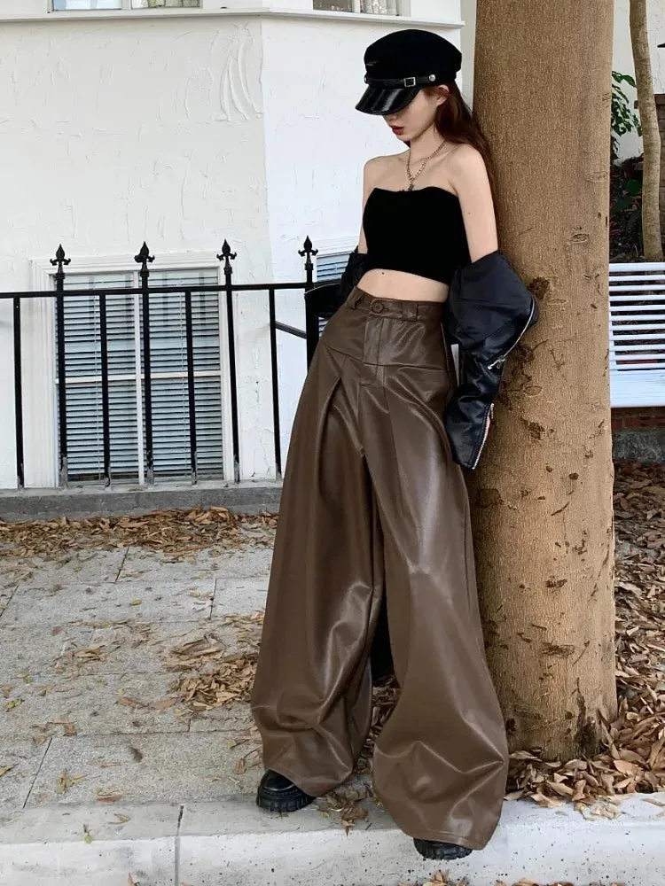 Vintage Wide Leg Leather Pants High Waist Pants Women Loose Pants