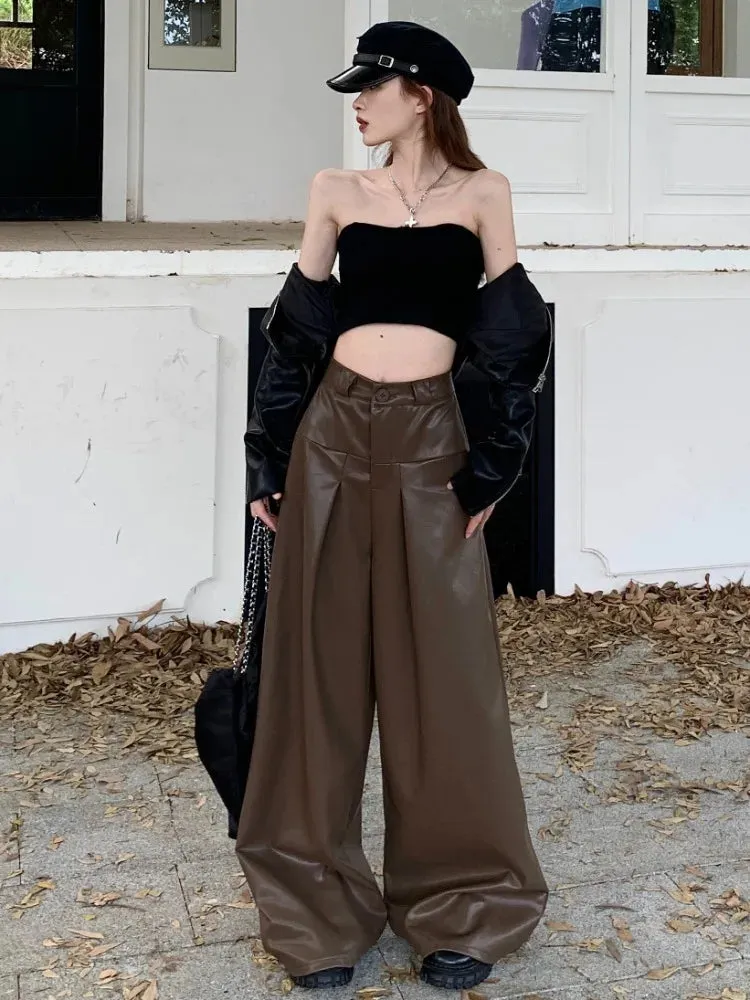 Vintage Wide Leg Leather Pants High Waist Pants Women Loose Pants