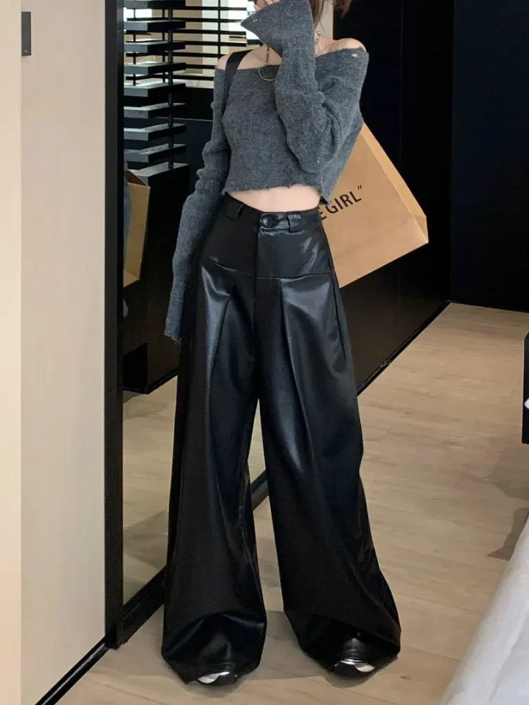 Vintage Wide Leg Leather Pants High Waist Pants Women Loose Pants