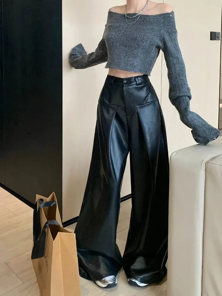 Vintage Wide Leg Leather Pants High Waist Pants Women Loose Pants