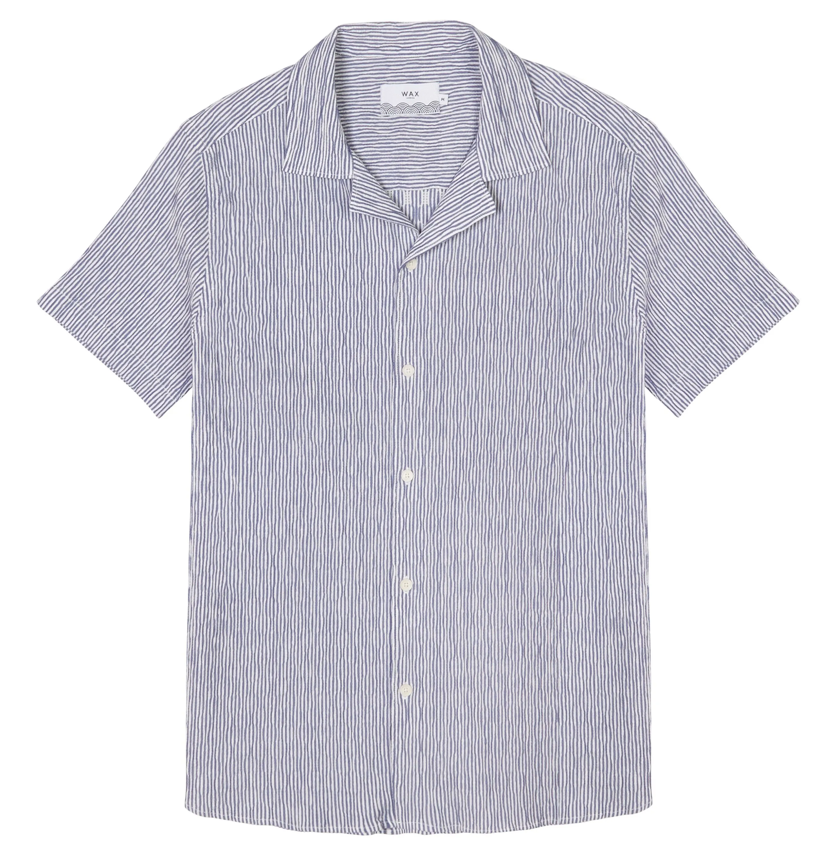 Wax London Didcot Short Sleeve Shirt – Indigo White Seersucker Stripe