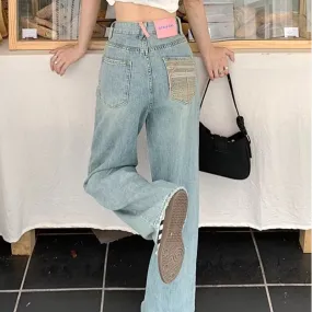 Wenkouban Baby Blue Loose Straight Jeans Women's High Waist Thin Summer Thin Design Tassel Versatile Wide Leg Pants Trend