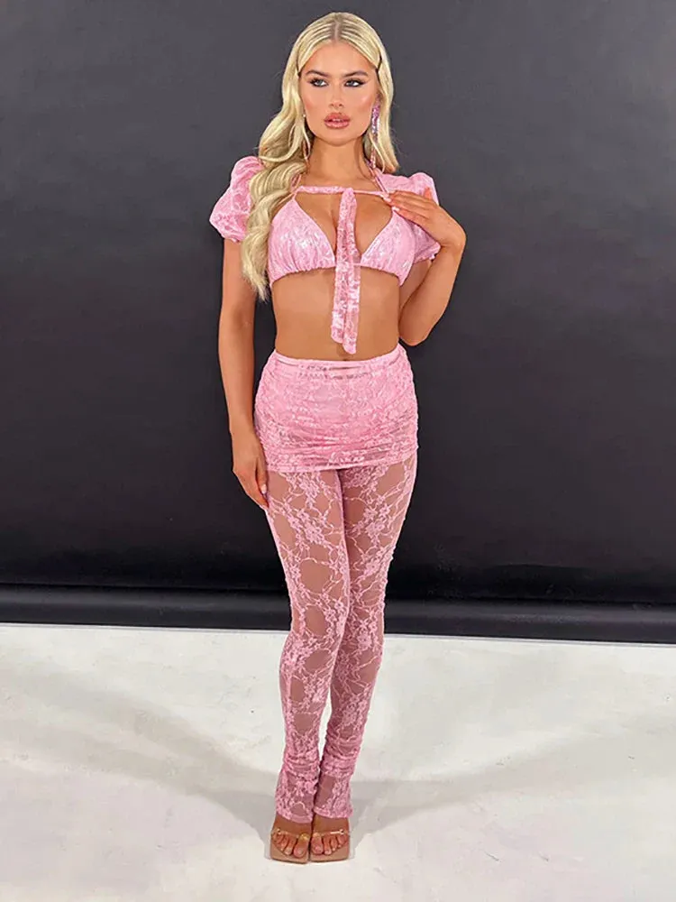 Wenkouban-Black Friday Christmas Party Outfits  Sexy See Through Lace Ruched Women Pant Pink High Waist Print Floral Trousers Autumn Slim Elegant Night Clubwear 2023