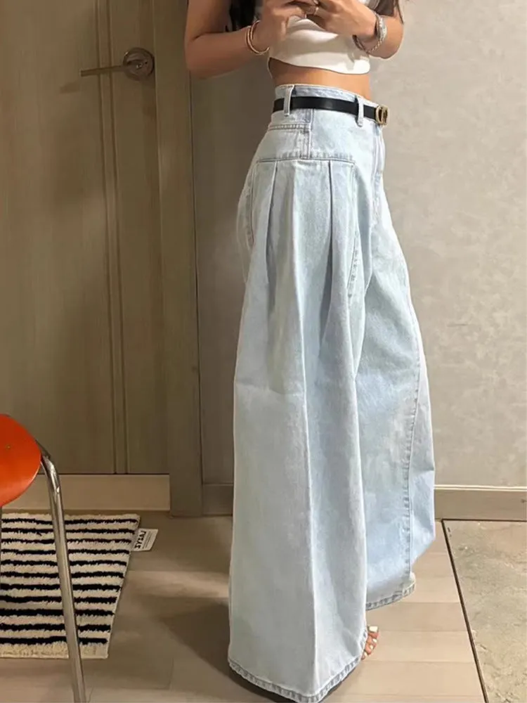 Wenkouban college outfits Japanese Style New Design Versatile Slimming High Waist Pleated Loose Wide Leg Jeans Women's Casual Trousers