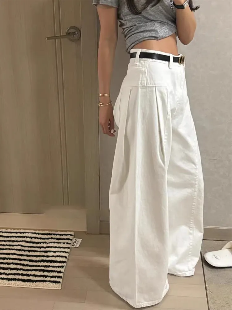 Wenkouban college outfits Japanese Style New Design Versatile Slimming High Waist Pleated Loose Wide Leg Jeans Women's Casual Trousers