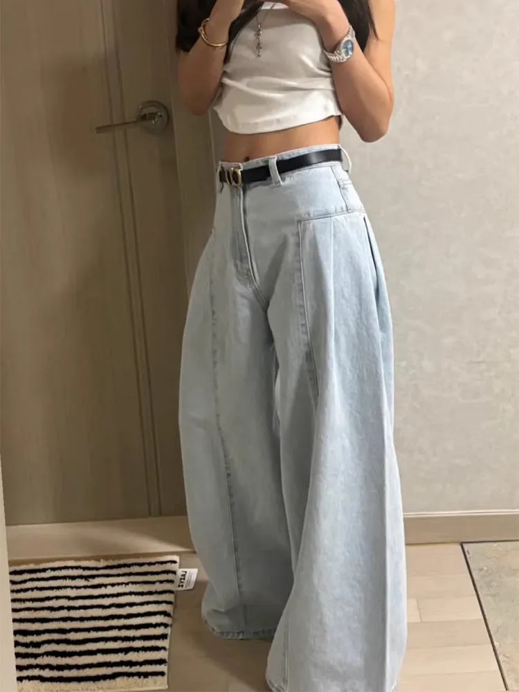 Wenkouban college outfits Japanese Style New Design Versatile Slimming High Waist Pleated Loose Wide Leg Jeans Women's Casual Trousers