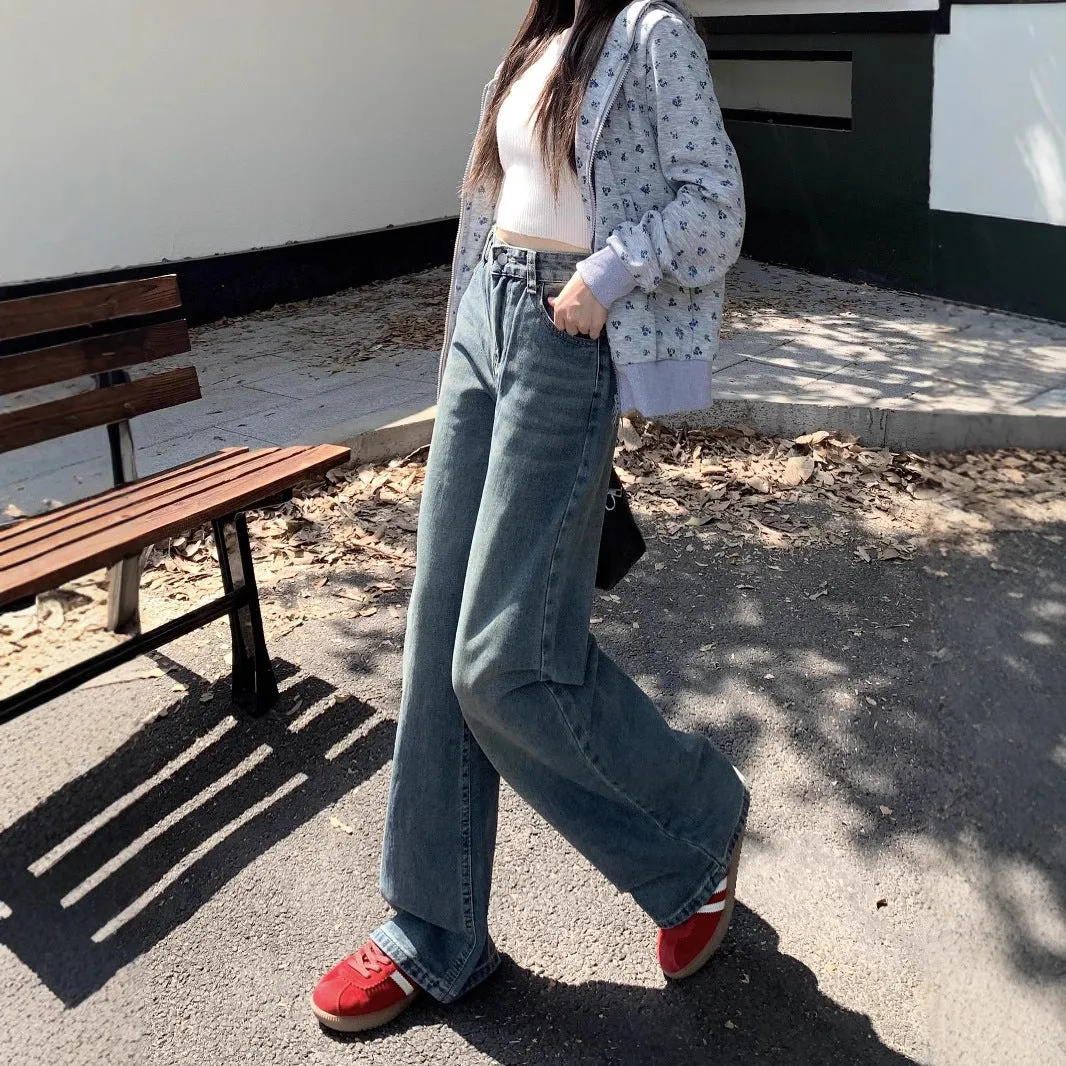 Wenkouban cute outfits fall 2024 Autumn Vintage Washed High Waist Jeans Women's Autumn Loose Wide Leg Straight Mop Pants