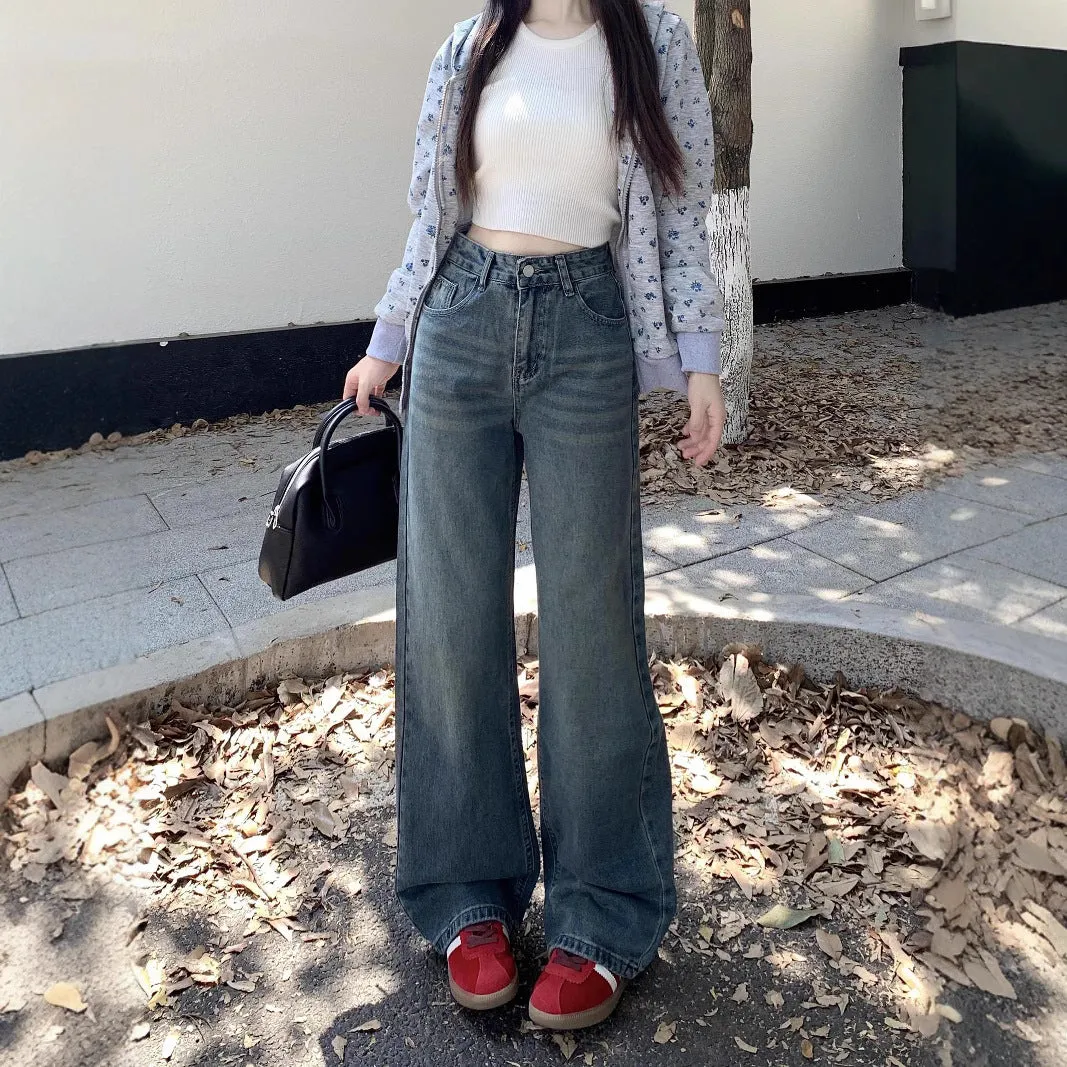 Wenkouban cute outfits fall 2024 Autumn Vintage Washed High Waist Jeans Women's Autumn Loose Wide Leg Straight Mop Pants