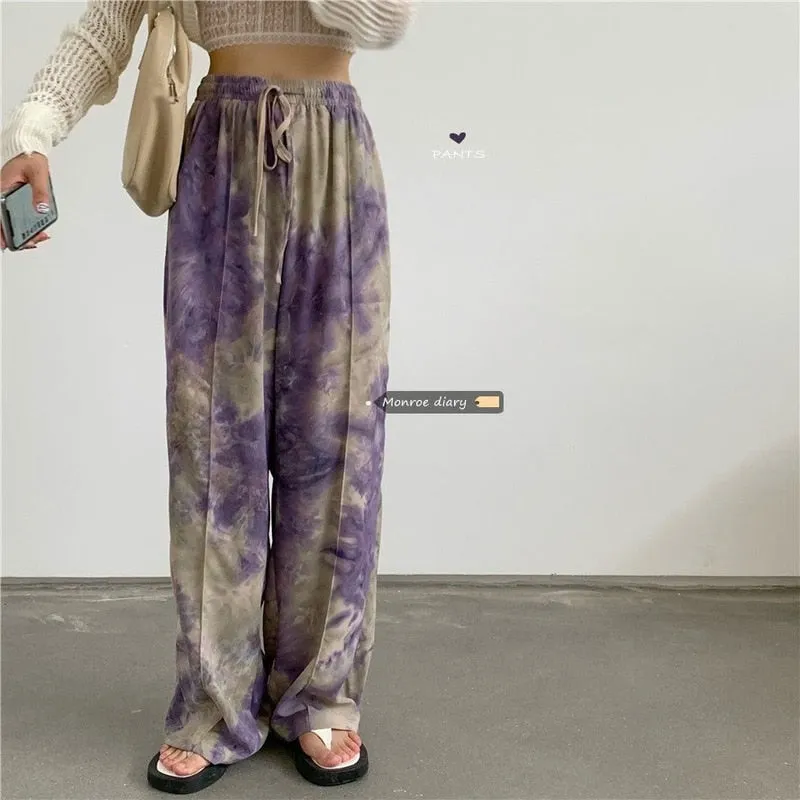 Wenkouban Fashion Tie-Dye Casual Pants 2022 New Summer Women's Loose Wide-Leg Pants Trousers High-Waist Straight-Leg Pants  Joggers Women