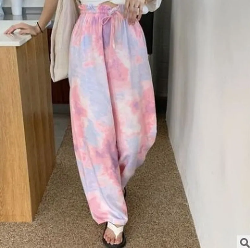 Wenkouban Fashion Tie-Dye Casual Pants 2022 New Summer Women's Loose Wide-Leg Pants Trousers High-Waist Straight-Leg Pants  Joggers Women