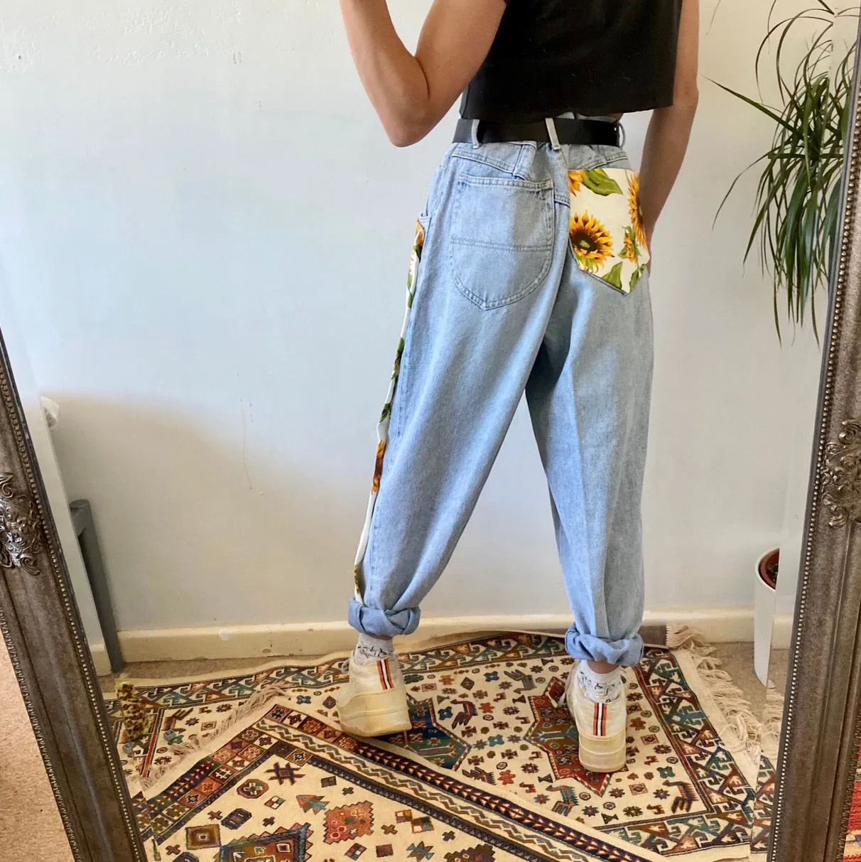 Wenkouban New Trend Sunflowers Printed Light Blue Jeans fit women young Girls soft denim long pant patchwork Harem hight waist jeans