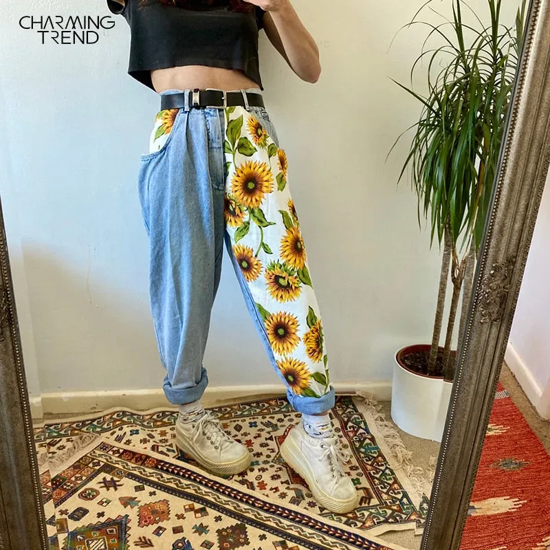 Wenkouban New Trend Sunflowers Printed Light Blue Jeans fit women young Girls soft denim long pant patchwork Harem hight waist jeans