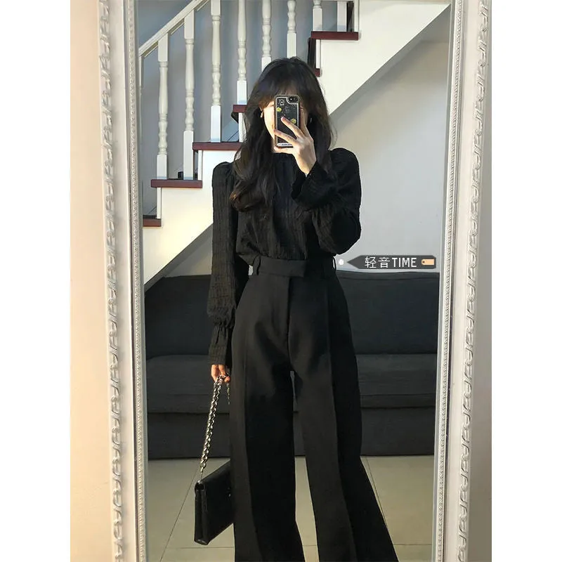 Wenkouban trending fall outfits 2024 High-End Elegant Pleated Lantern Sleeve Shirt Suit Women's Early Autumn High Waist Straight Loose Slimming Suit Wide Leg Pants