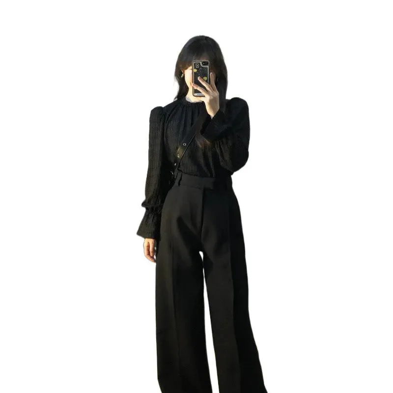 Wenkouban trending fall outfits 2024 High-End Elegant Pleated Lantern Sleeve Shirt Suit Women's Early Autumn High Waist Straight Loose Slimming Suit Wide Leg Pants