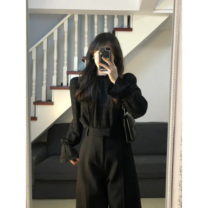 Wenkouban trending fall outfits 2024 High-End Elegant Pleated Lantern Sleeve Shirt Suit Women's Early Autumn High Waist Straight Loose Slimming Suit Wide Leg Pants