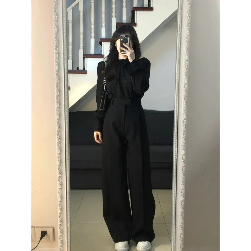 Wenkouban trending fall outfits 2024 High-End Elegant Pleated Lantern Sleeve Shirt Suit Women's Early Autumn High Waist Straight Loose Slimming Suit Wide Leg Pants