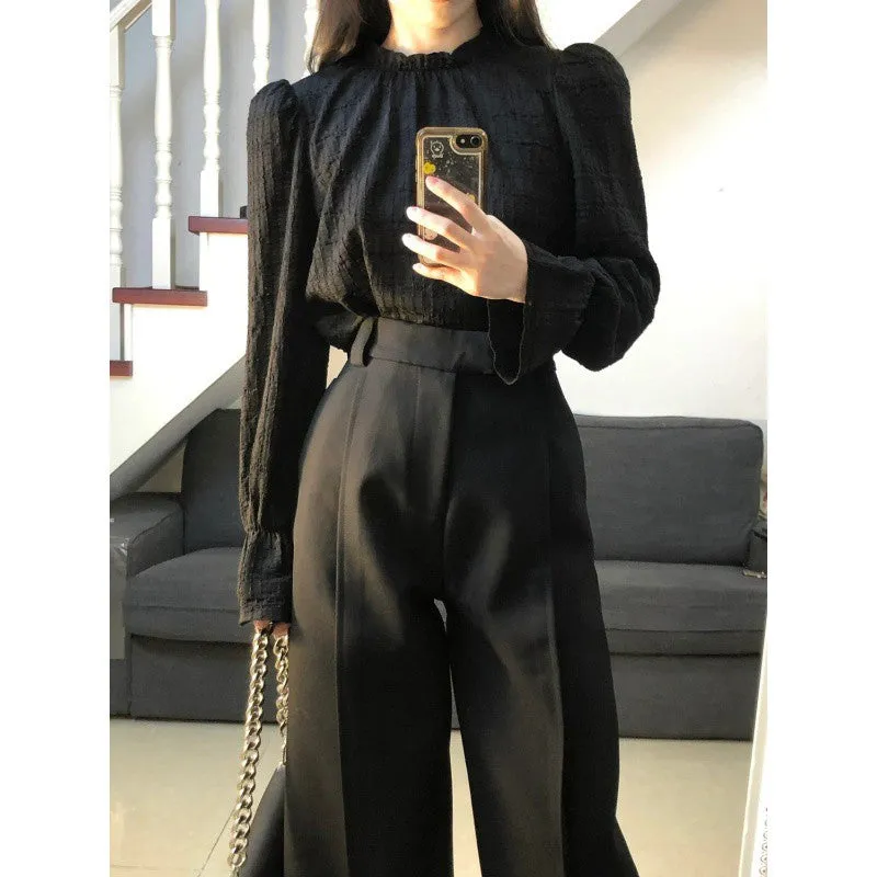 Wenkouban trending fall outfits 2024 High-End Elegant Pleated Lantern Sleeve Shirt Suit Women's Early Autumn High Waist Straight Loose Slimming Suit Wide Leg Pants