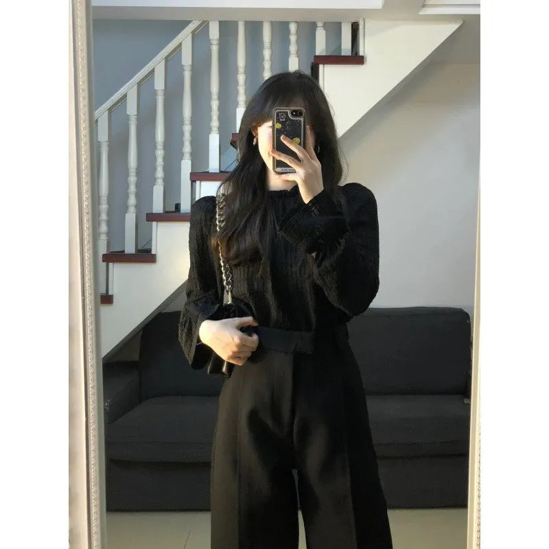 Wenkouban trending fall outfits 2024 High-End Elegant Pleated Lantern Sleeve Shirt Suit Women's Early Autumn High Waist Straight Loose Slimming Suit Wide Leg Pants