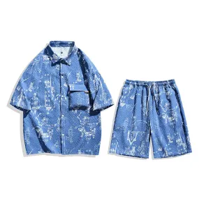 Wiaofellas  -  Summer New Seersucker Short Sleeve Shirt   Shorts Set Men's Large Size Five-point Sleeve Shirt Points