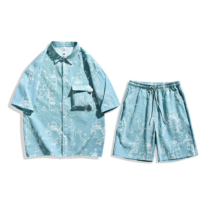 Wiaofellas  -  Summer New Seersucker Short Sleeve Shirt   Shorts Set Men's Large Size Five-point Sleeve Shirt Points