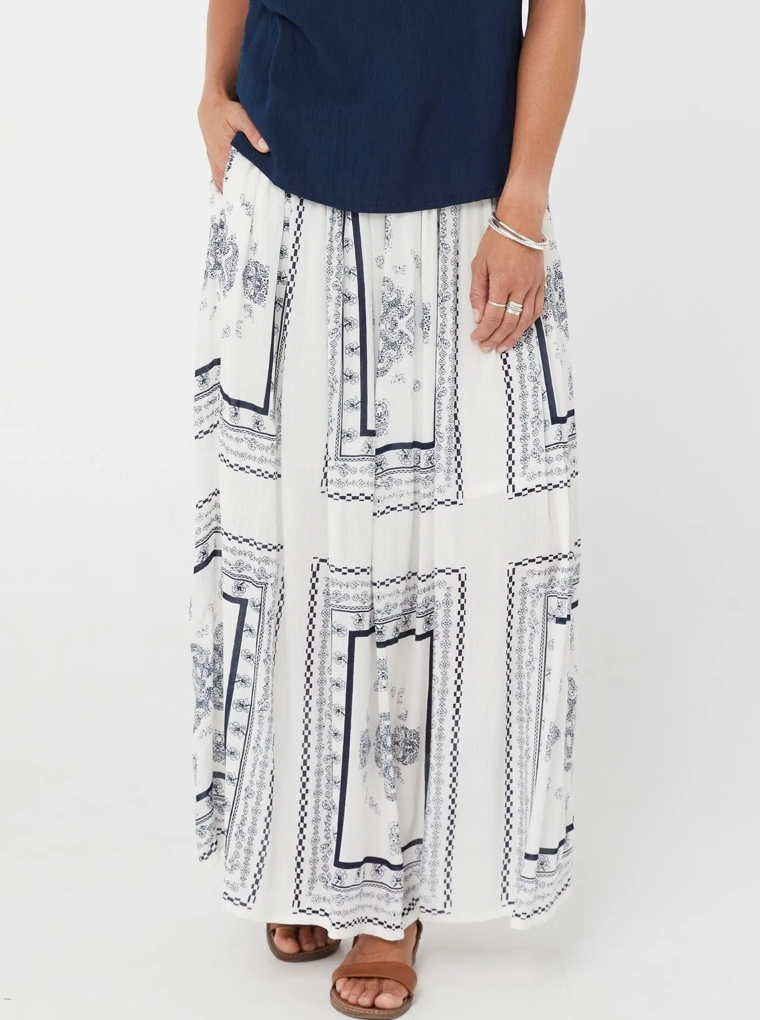 Woman Maxi Skirt Lacey Skirt - Blue Print in White